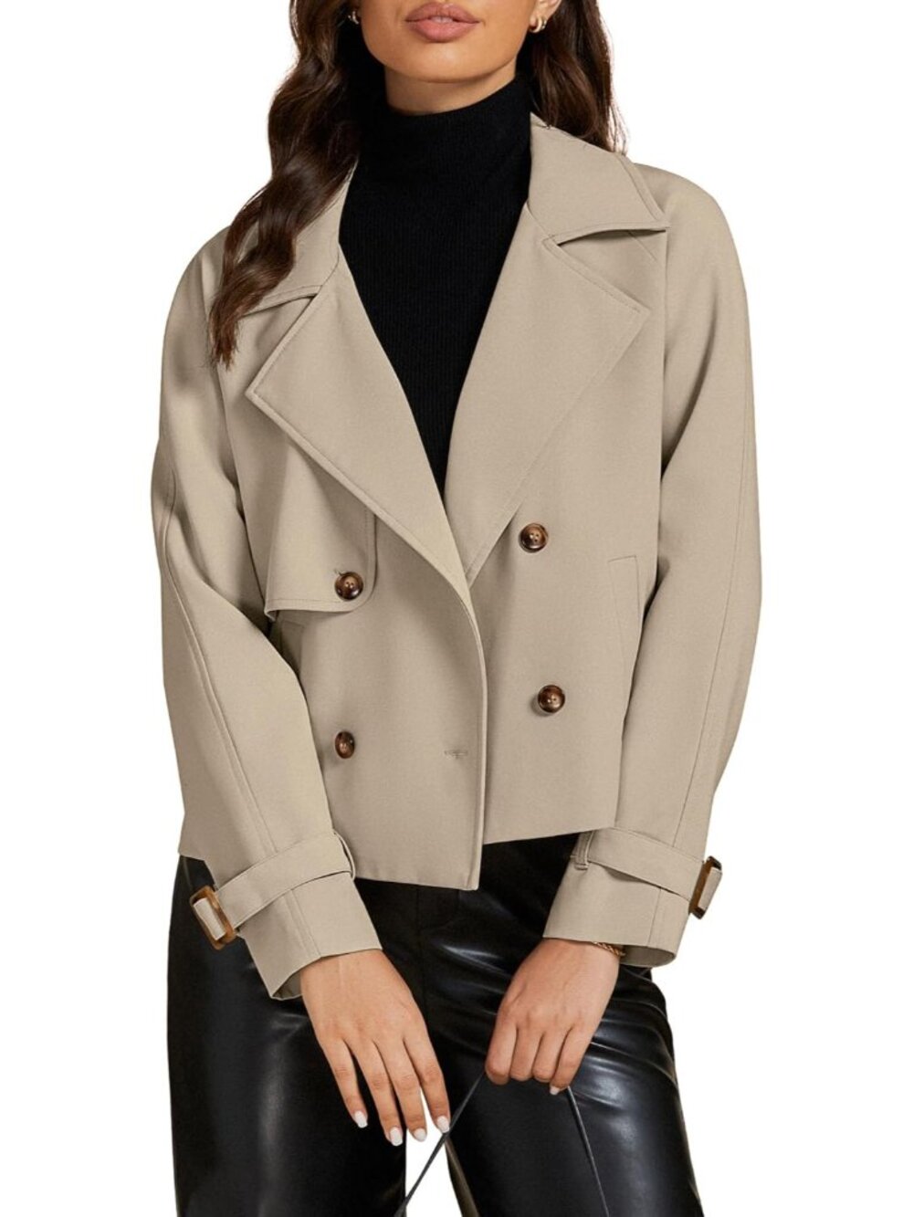 Cropped Trench Coat for Women Long Sleeve Double Breasted Notched Lapel Casual L